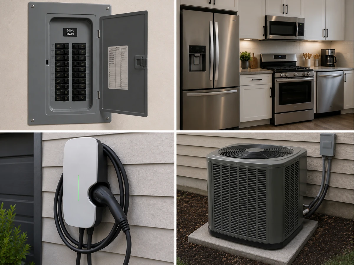 Images showing 200A panel, modern appliances, EV charging station, AC unit