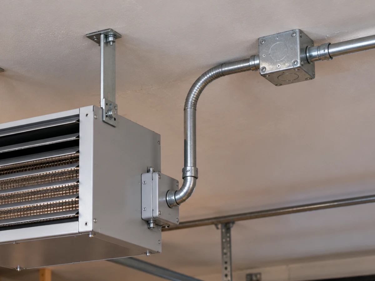 Image of 240V dedicated line hardwired to ceiling-mounted 5,000 watt heater in garage workshop
