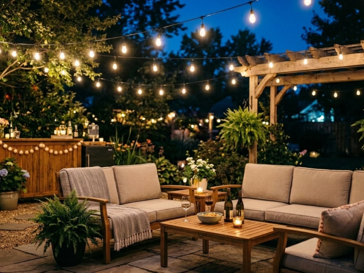 A backyard Garden with Outdoor Lighting