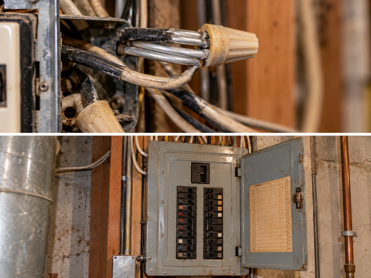 Images of aluminum wiring and old electrical panel in a Minnesota home