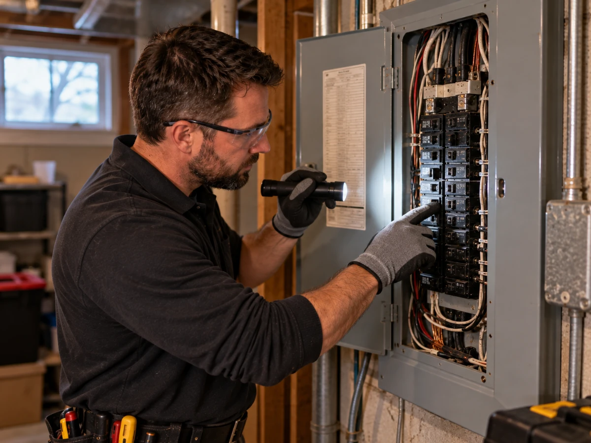 An electrician inspects a residential electrical panel with circuit breakers.