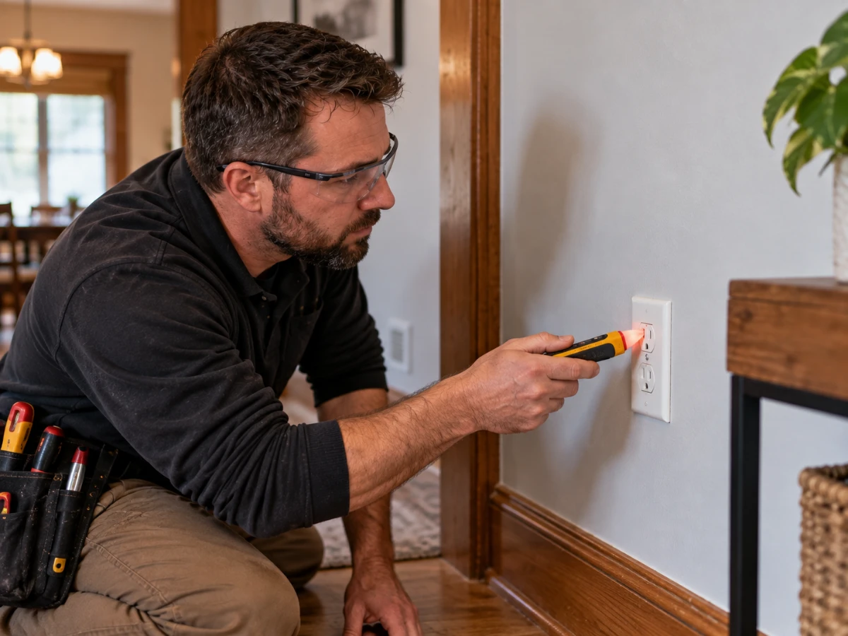 An electrician testing a non-working residential electrical outlet with a voltage tester.