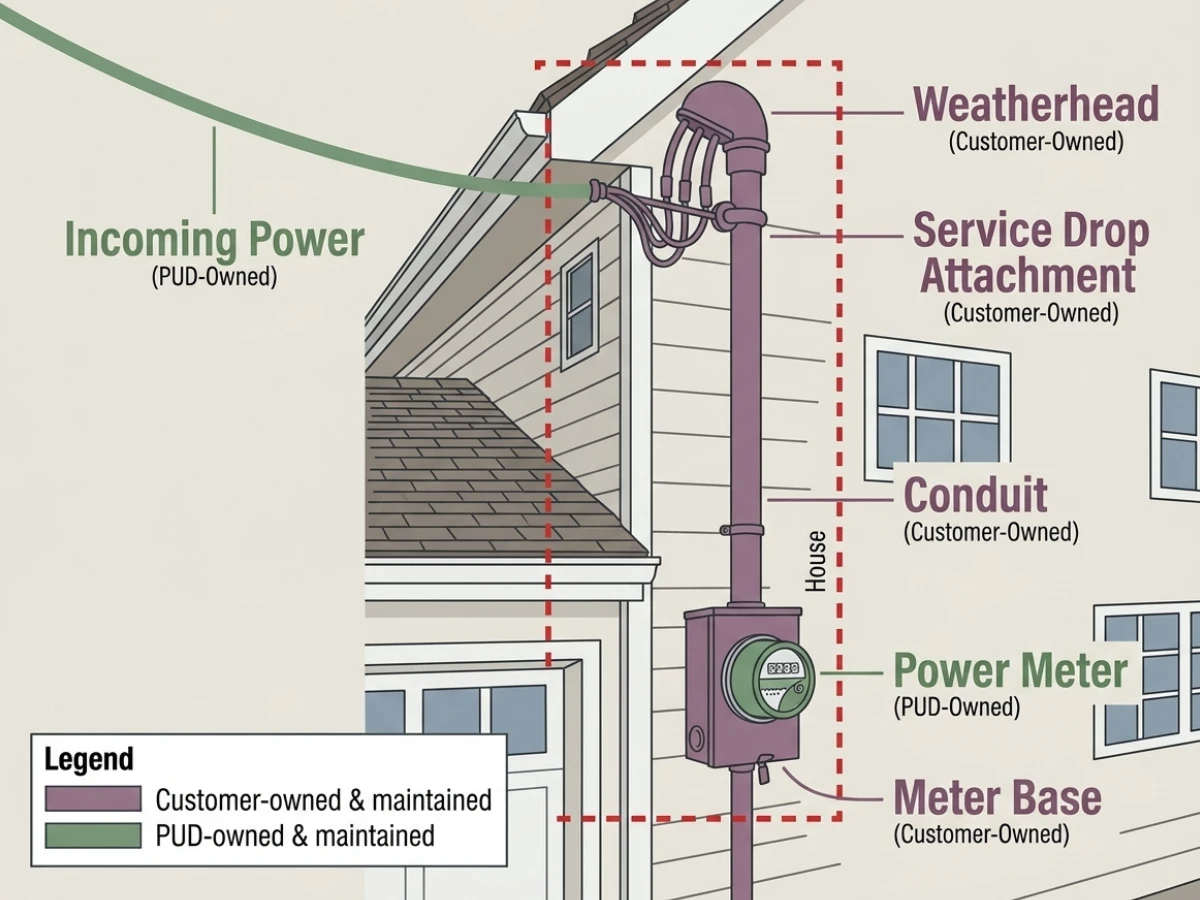 An illustration of the exterior residential service drop where the overhead power lines connect.