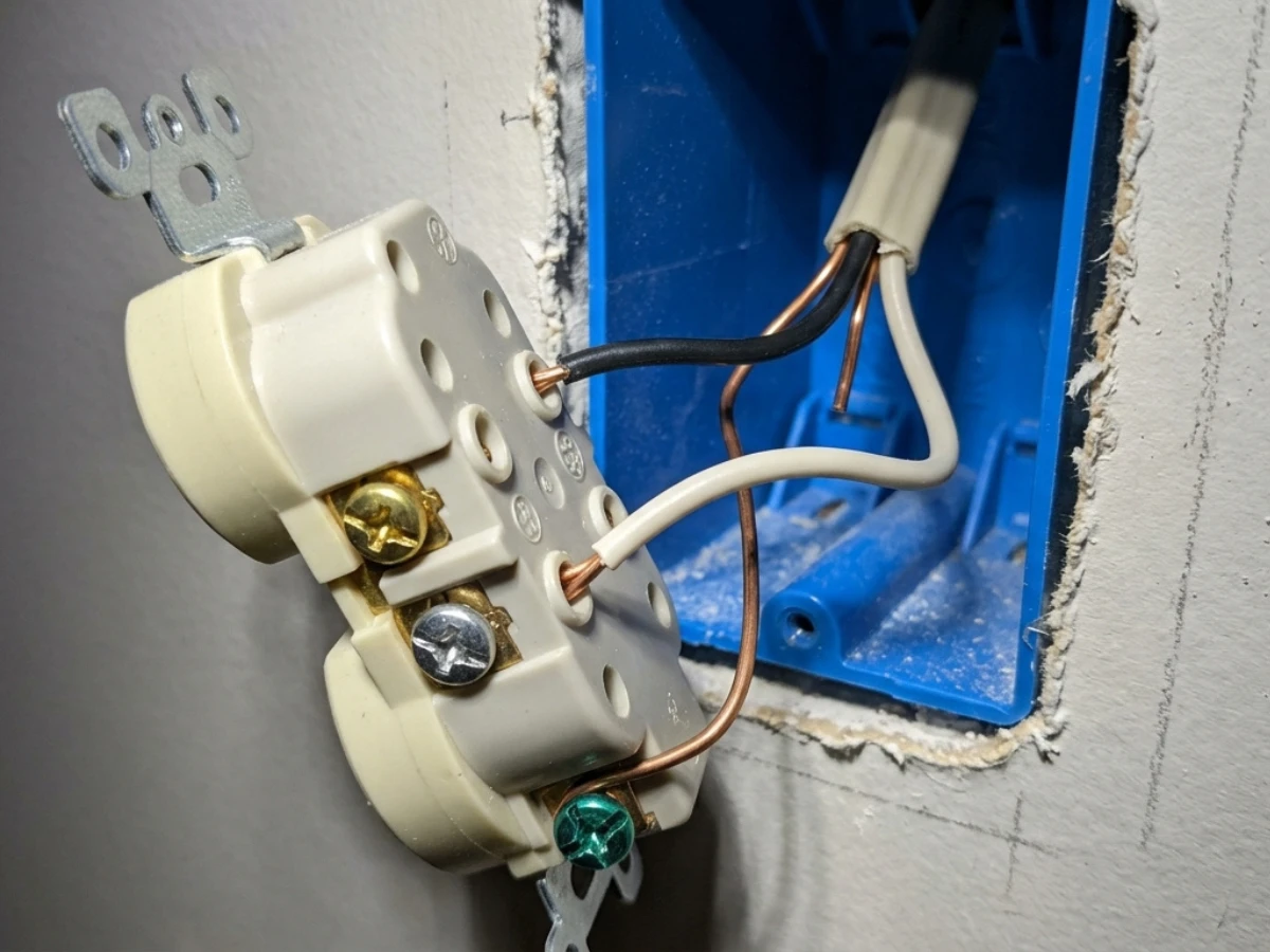 Image of wiring in a backstabbed outlet