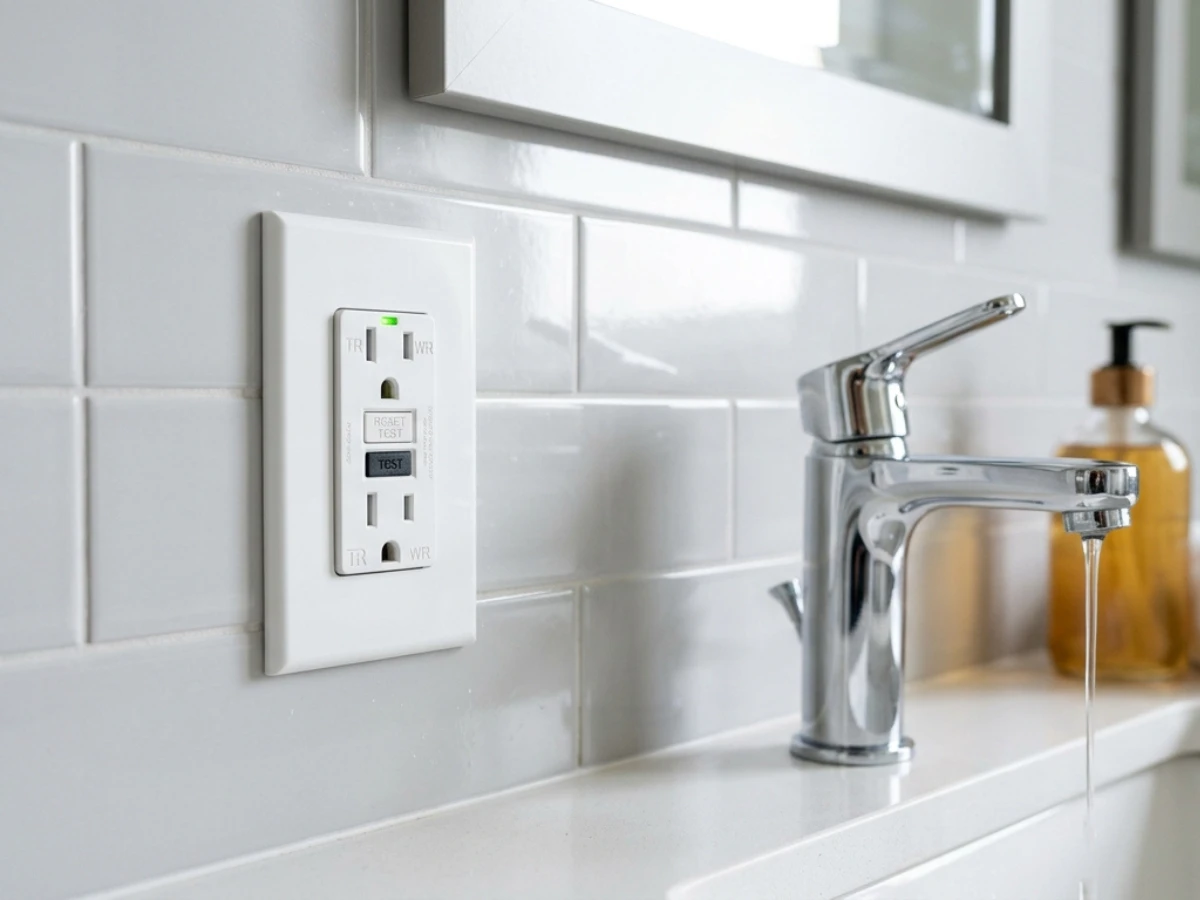 Bathroom GFCI outlet protecting against electrical shock near a sink