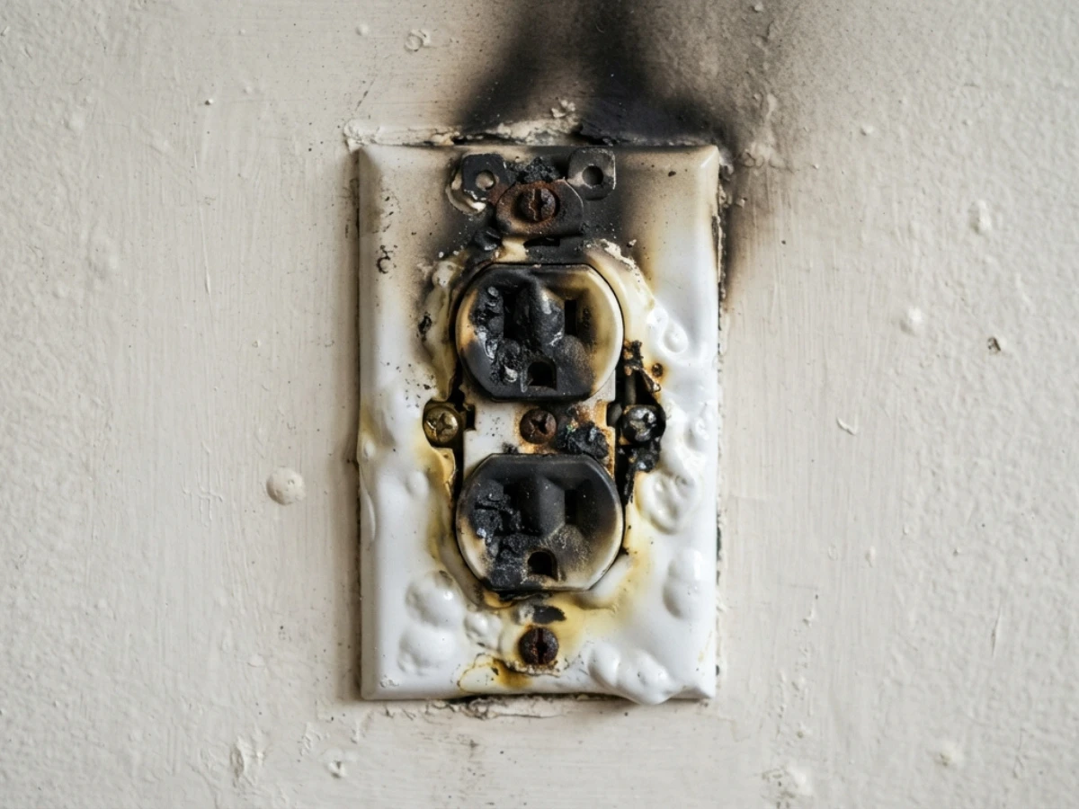 Burned residential electrical outlet showing scorch marks and heat damage around the receptacle.