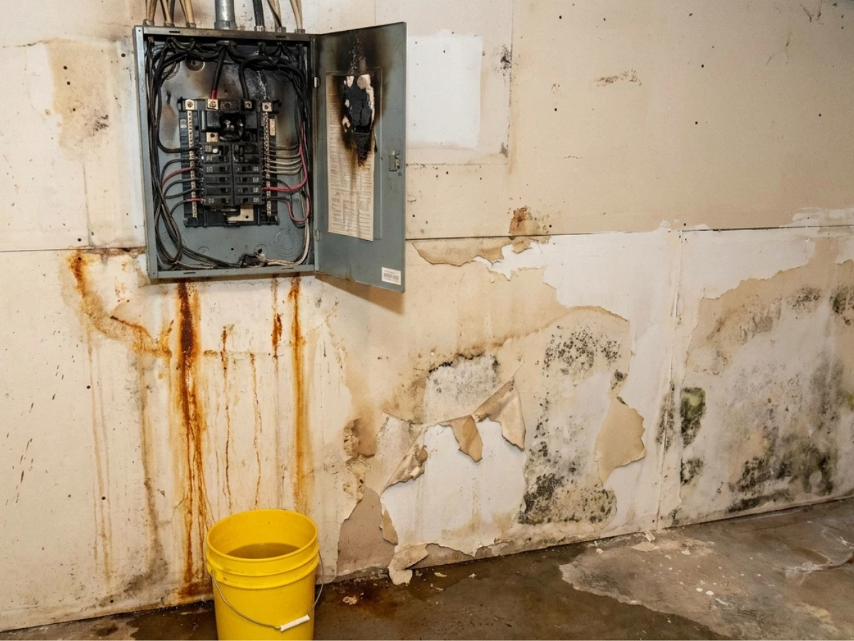 Image of burnt electrical panel due to water damage