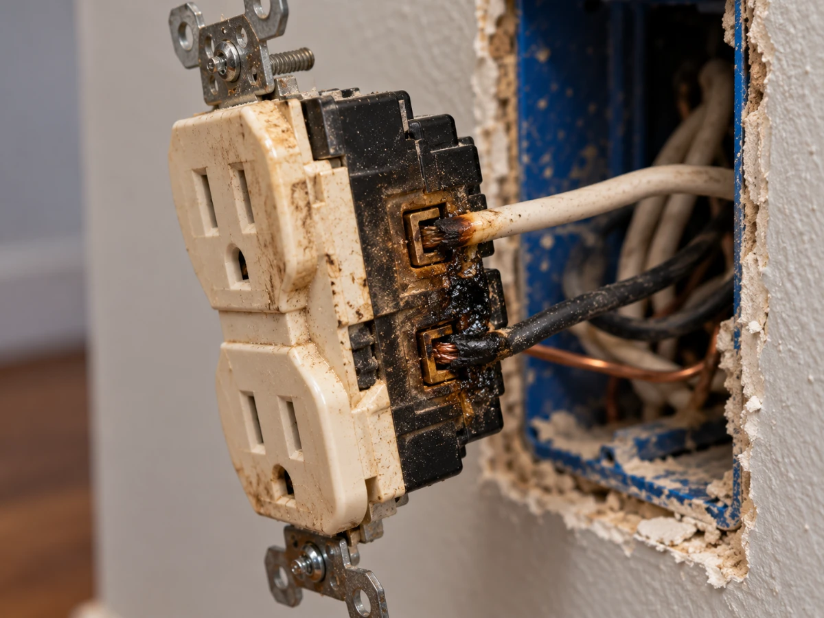 Image of burnt outlet with backstabbed wiring