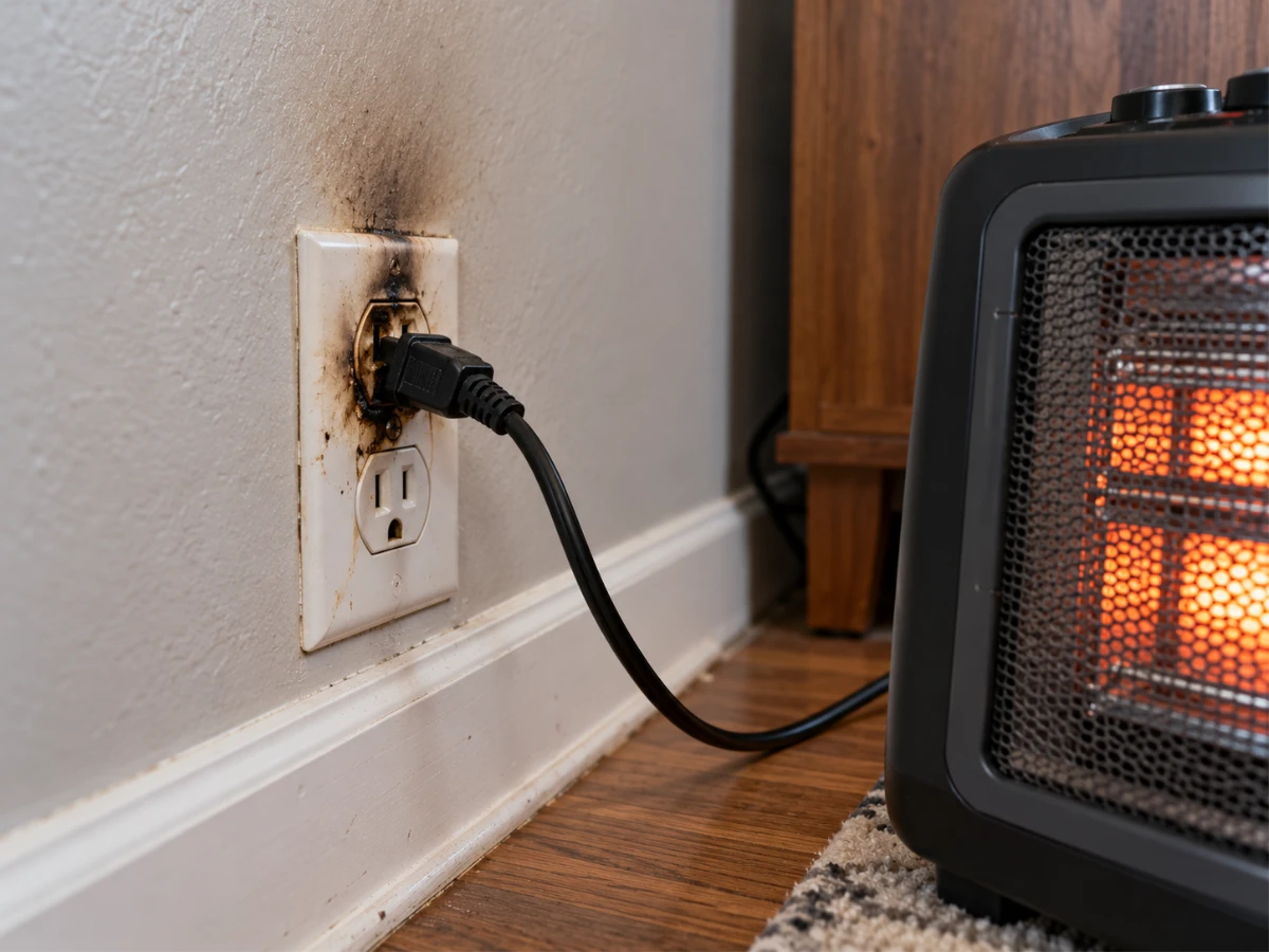 Image of burnt outlet with space heater plugged-in