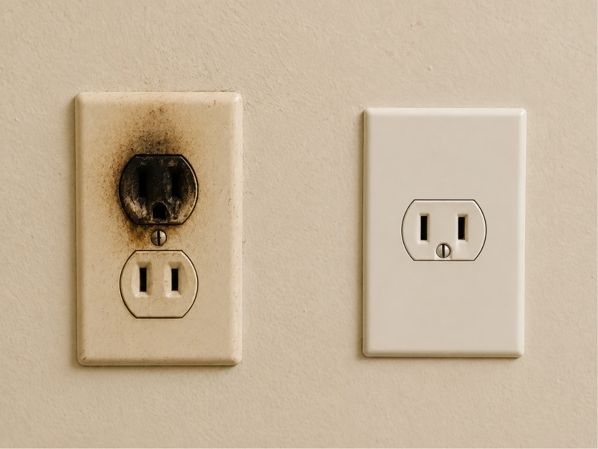 Images of burnt wall outlets and ungrounded two-prong outlets