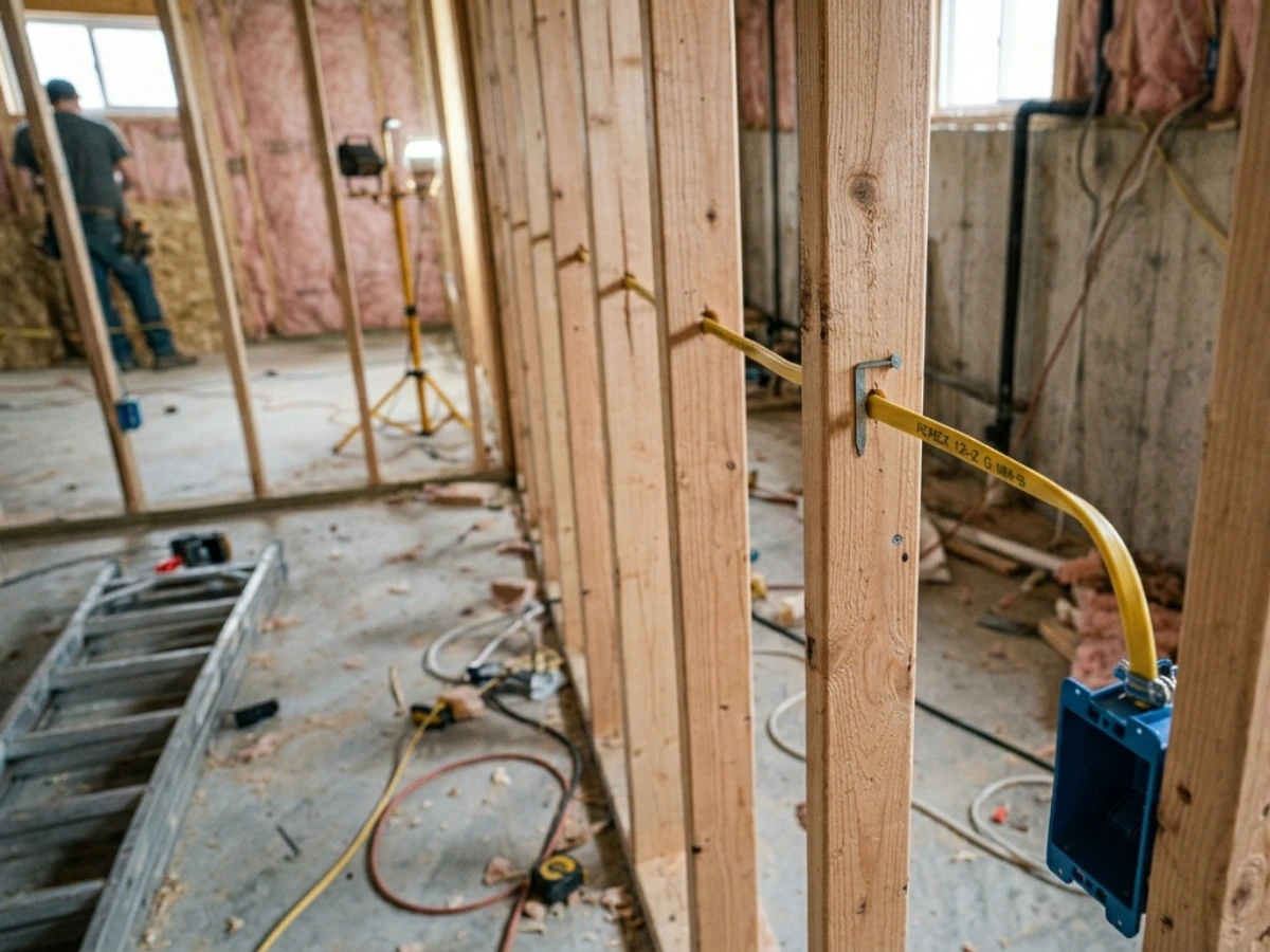  Clean non-metallic sheathed wiring routed through wooden studs and secured with trade staples during a code-compliant basement finish electrical rough-in.