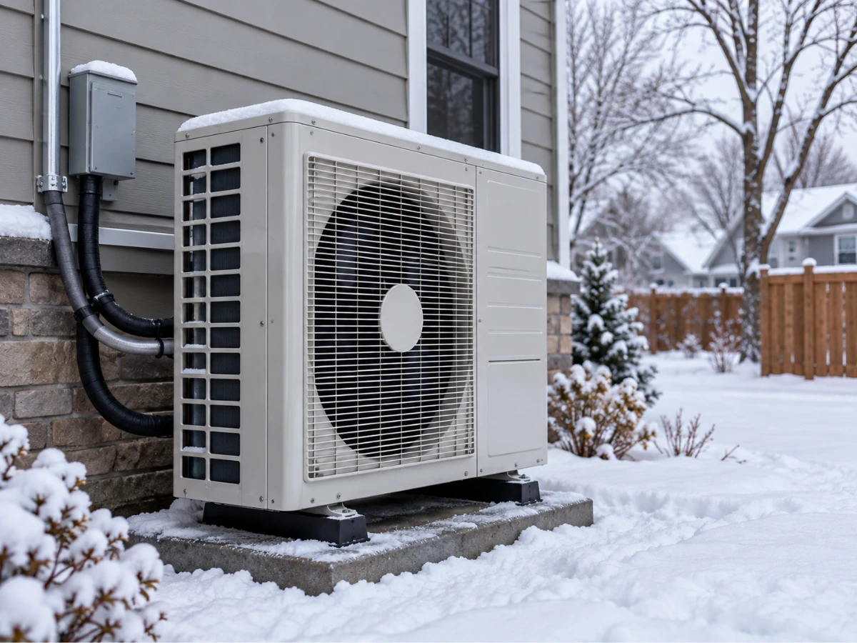 Image of cold-climate heat pump installed outside a home during winter