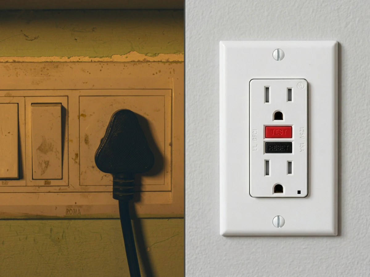 Image showing comparison of an outdated two-prong electrical outlet and a modern GFCI outlet