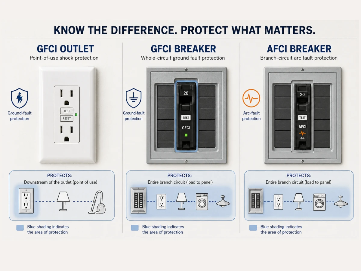 Comparison of GFCI outlet and AFCI breaker for electrical safety