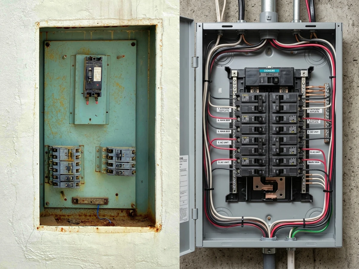 Image showing comparison of outdated electrical fuse box vs modern electrical panel