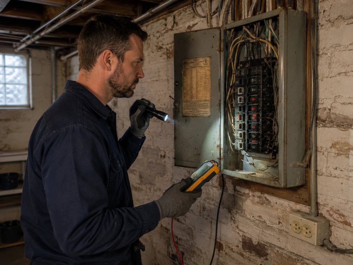 Image showing an electrical inspection of an older home with outdated wiring and electrical panel