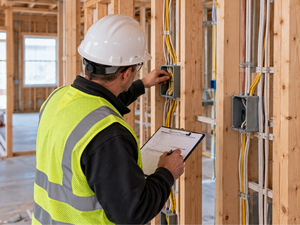 Image of an electrical inspector checking the electrical wiring during rough-in stage