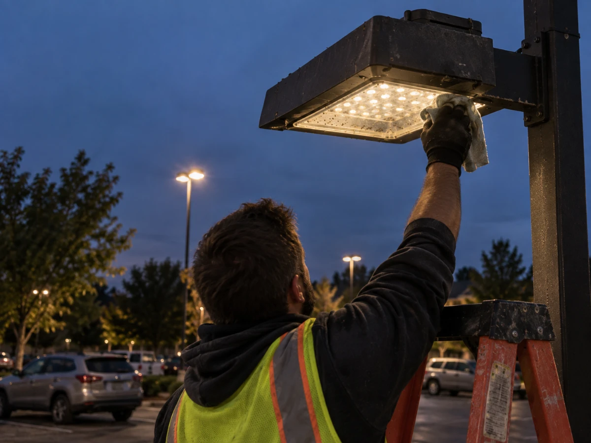 Electrician cleaning an outdoor LED parking area light fixture.