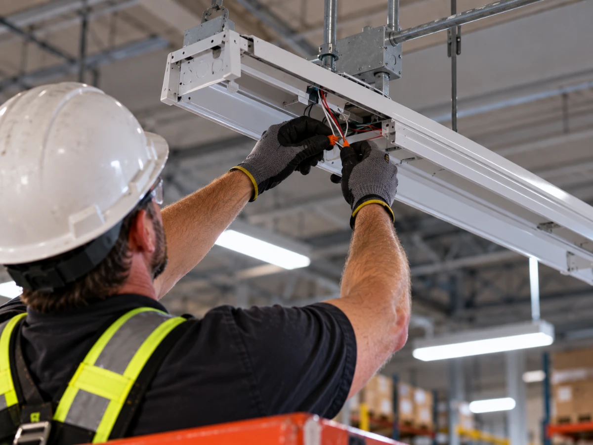 Image of electrician connecting wiring for an LED retrofit
