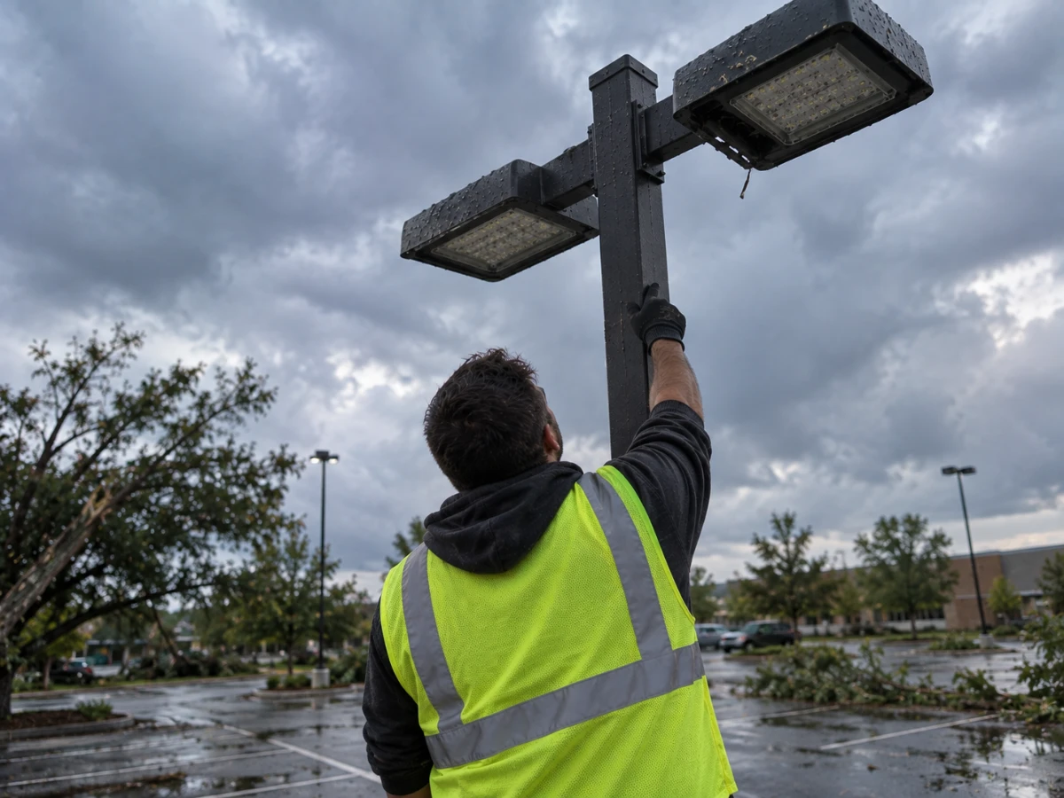 Electrician inspecting a parking lot light pole for storm damage.