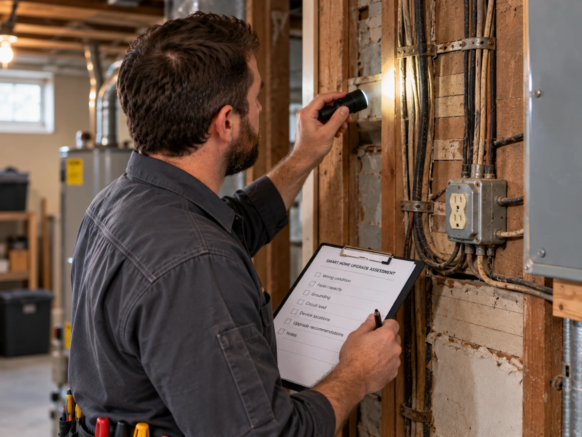 Electrician inspecting aging electrical wiring in an older Twin Cities home before a smart home upgrade.