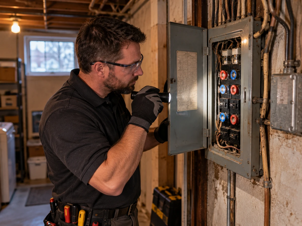 Electrician inspecting an electrical panel in an older Twin Cities home for electrical fire and shock hazards.