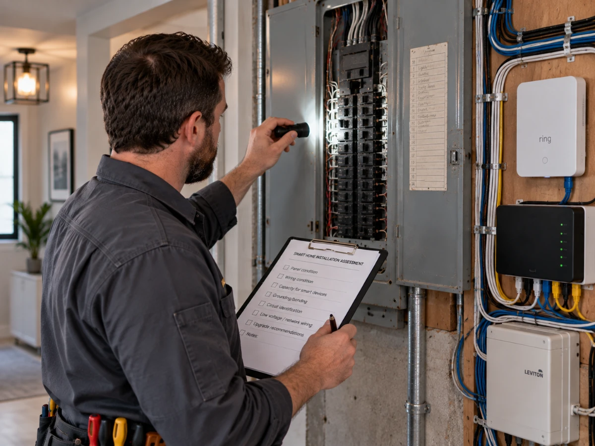Electrician inspecting an electrical panel before a smart home wiring installation.