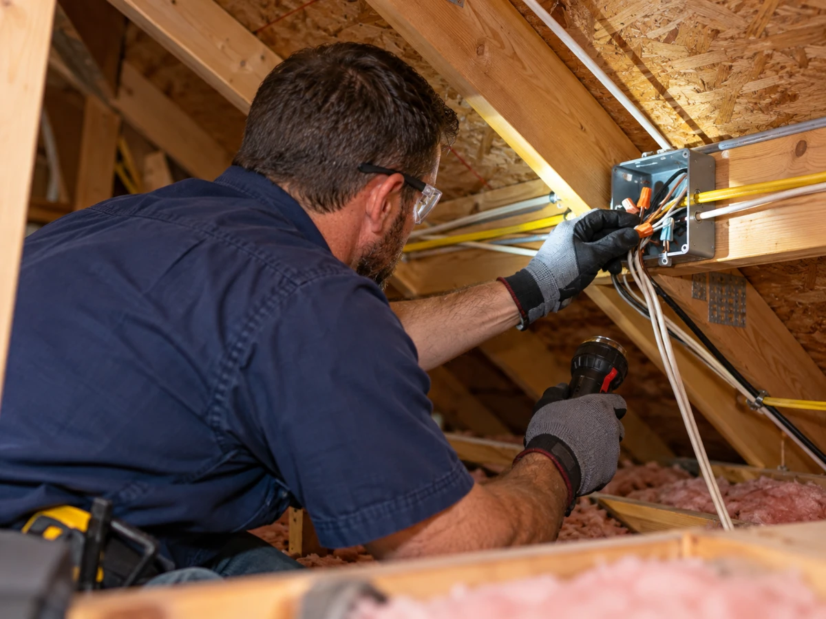 Image of professional electrician inspecting the wiring in an attic