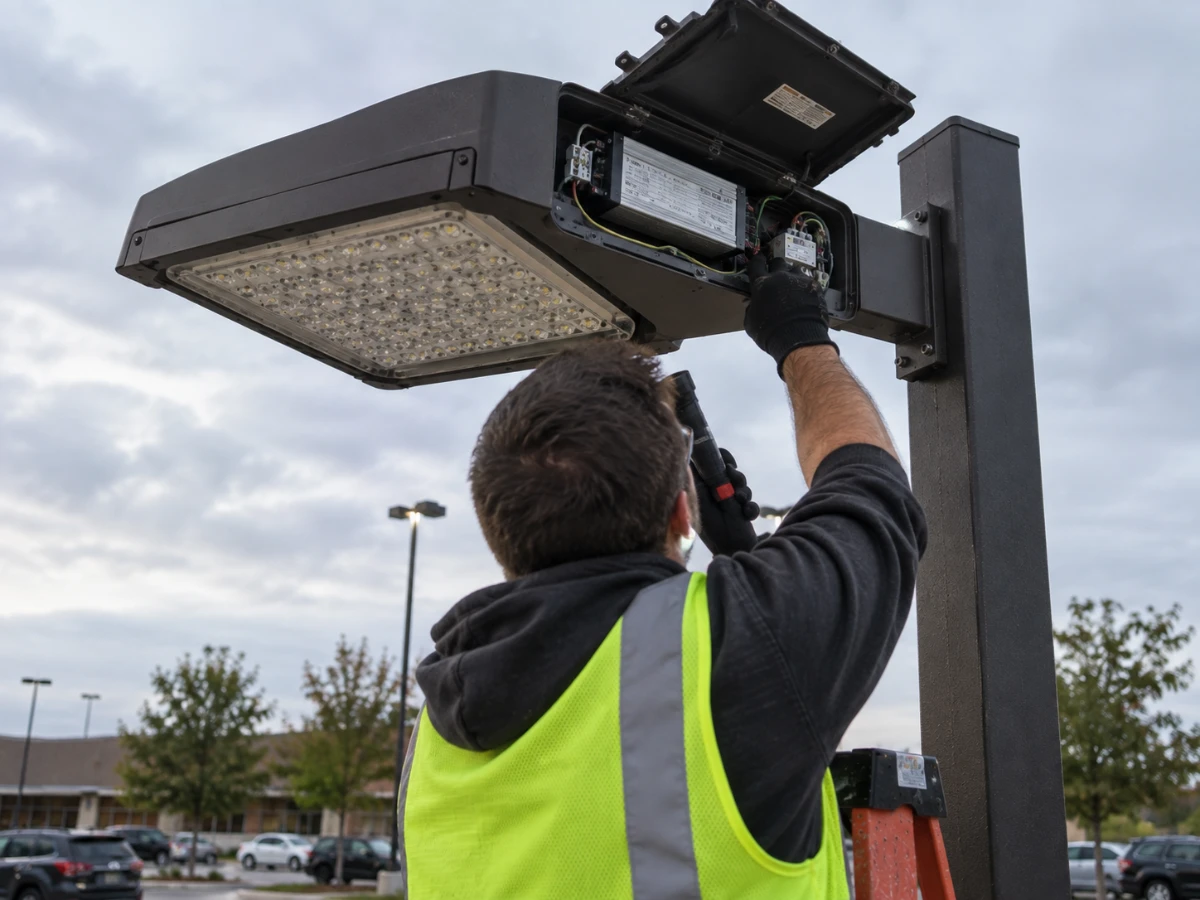 Electrician inspecting electrical components inside an outdoor LED lighting fixture.