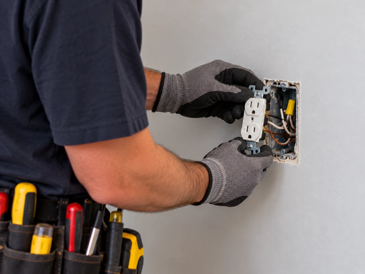 Electrician inspecting electrical outlet wiring for signs of damage or overheating.