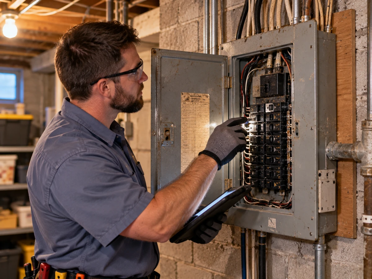 Image of a licensed electrician inspecting an old 60amp panel