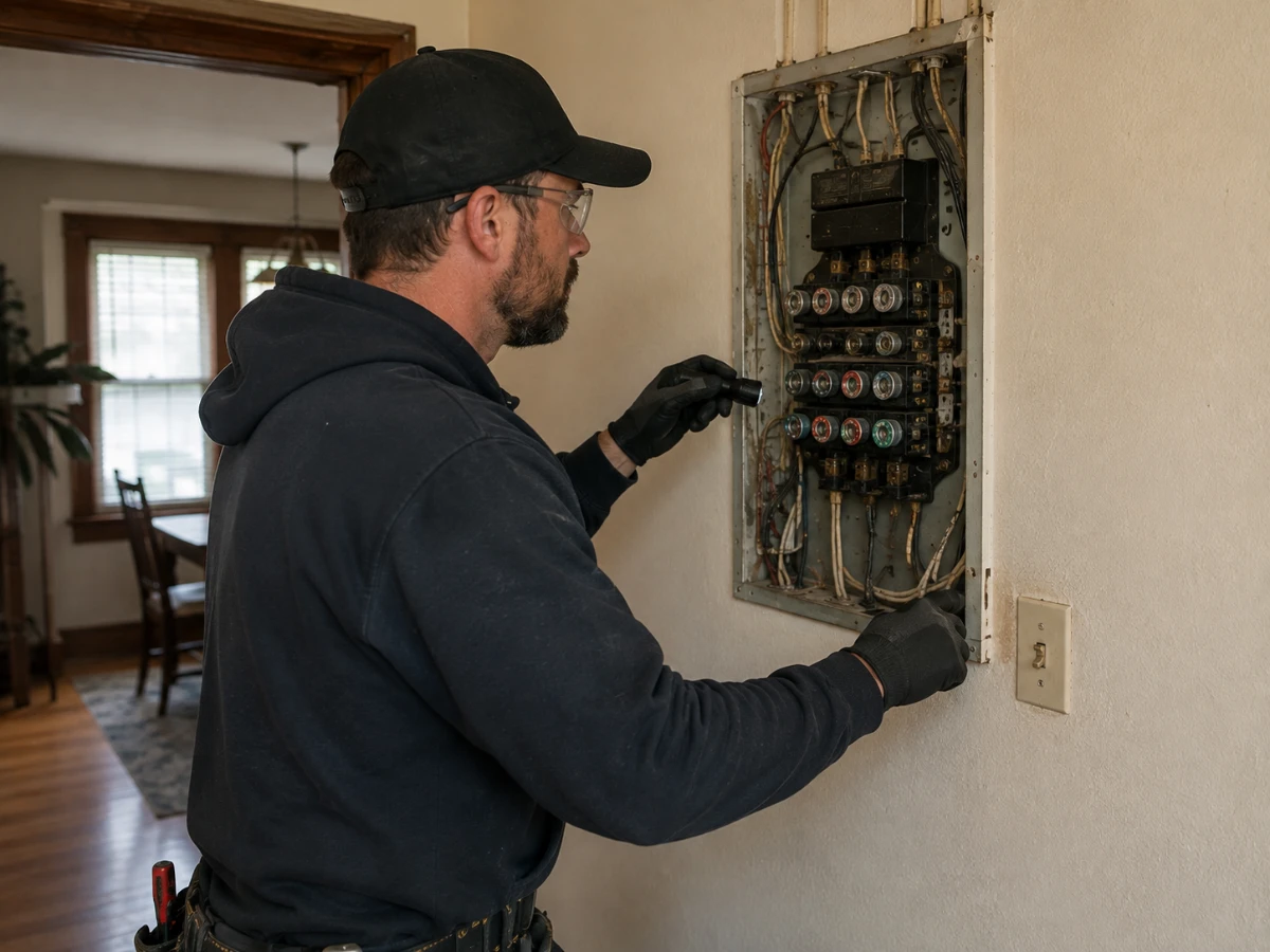 Electrician inspecting older electrical wiring in a Minneapolis bungalow before a smart home upgrade
