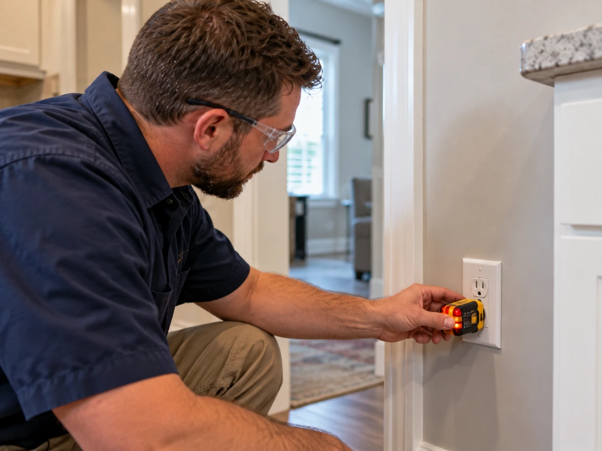 Image of licensed electrician performing an inspecting with an outlet tester