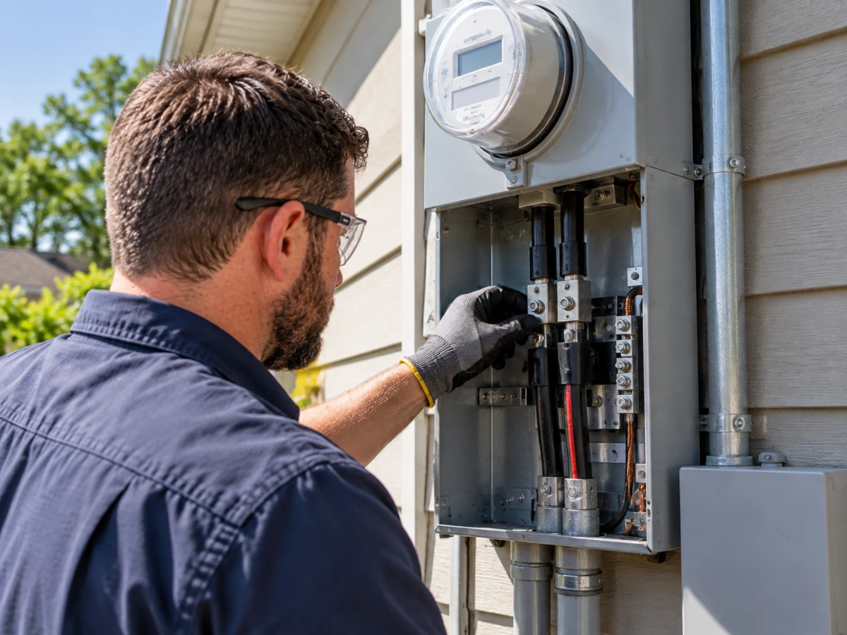 Image of professional electrician inspecting the electrical service entrance