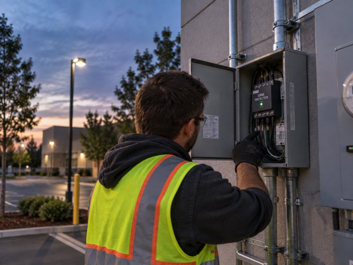 Electrician inspecting surge protection equipment for an outdoor electrical system.