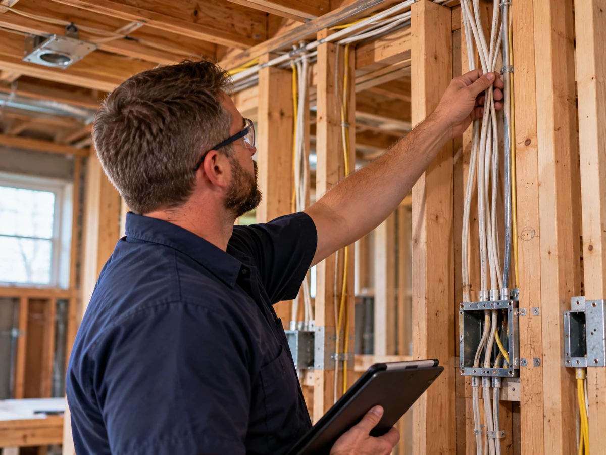 Image of licensed electrician inspecting the wiring after rough-in phase