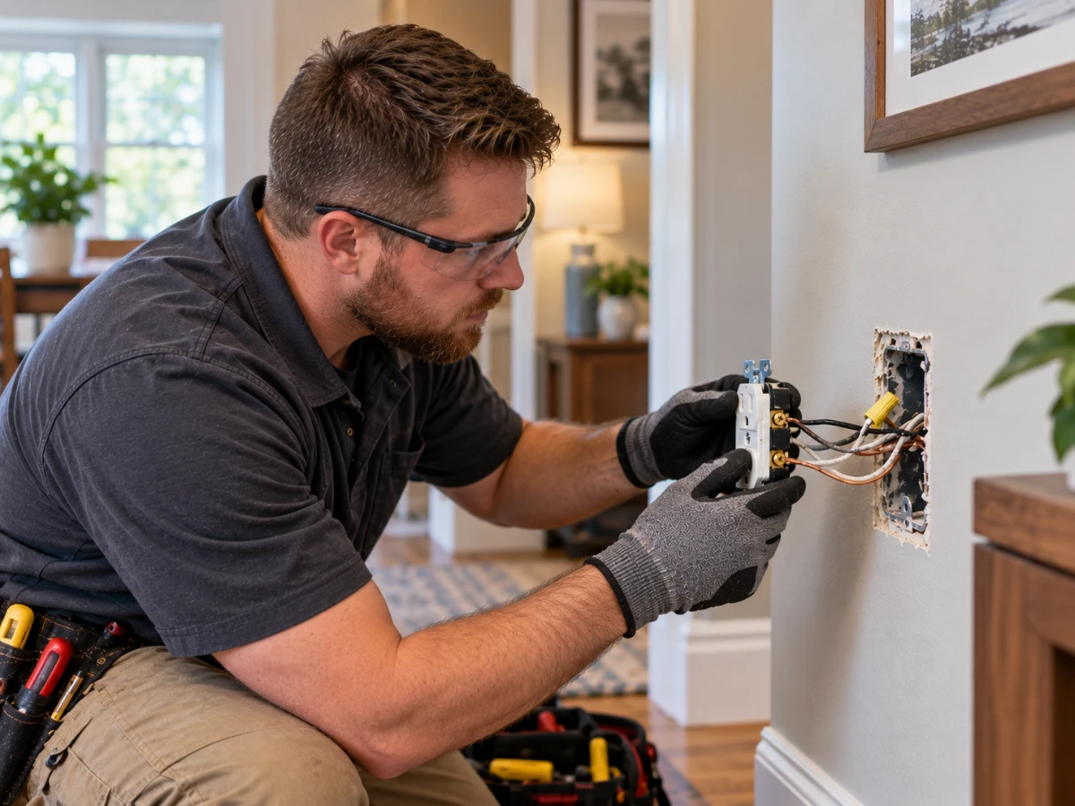 Electrician inspecting wiring behind a residential electrical outlet.