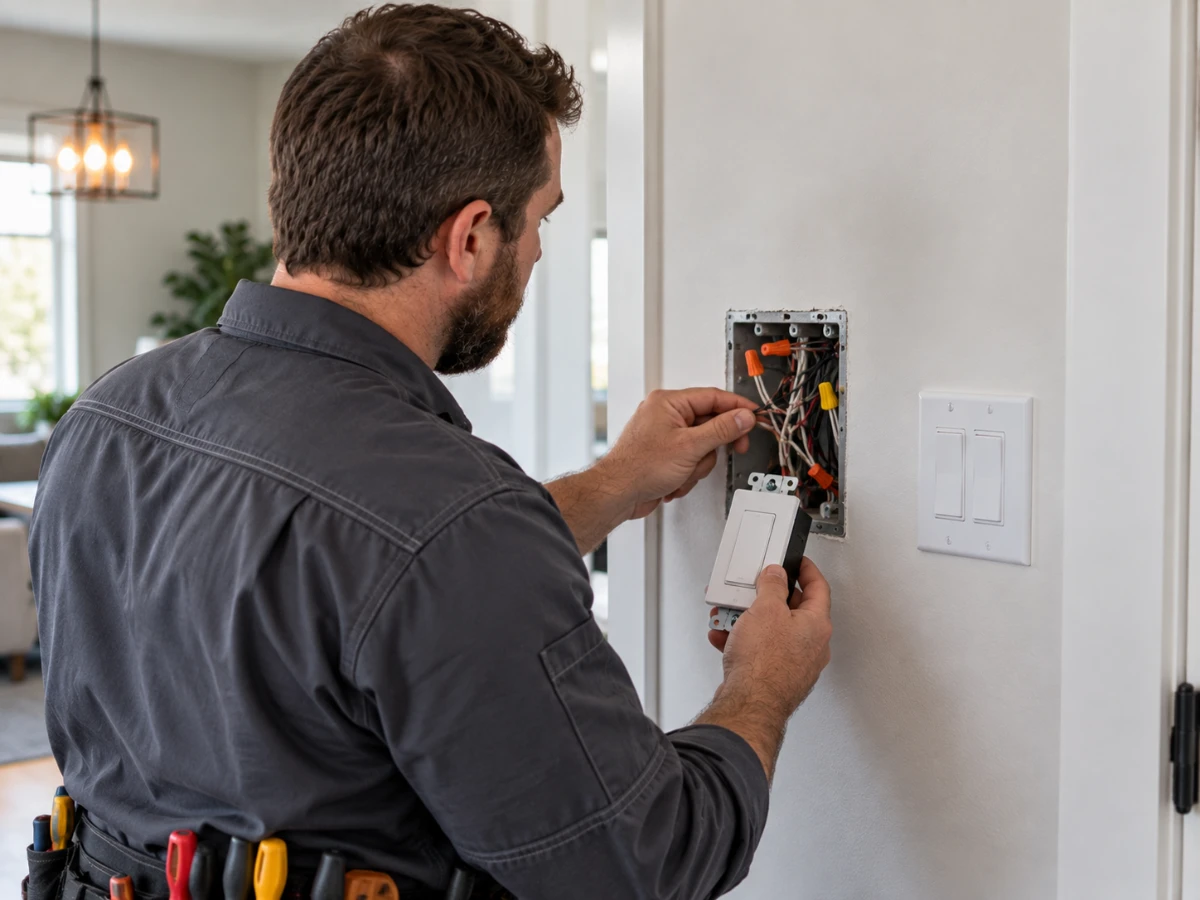Electrician inspecting wiring inside an electrical box before installing a smart home switch.