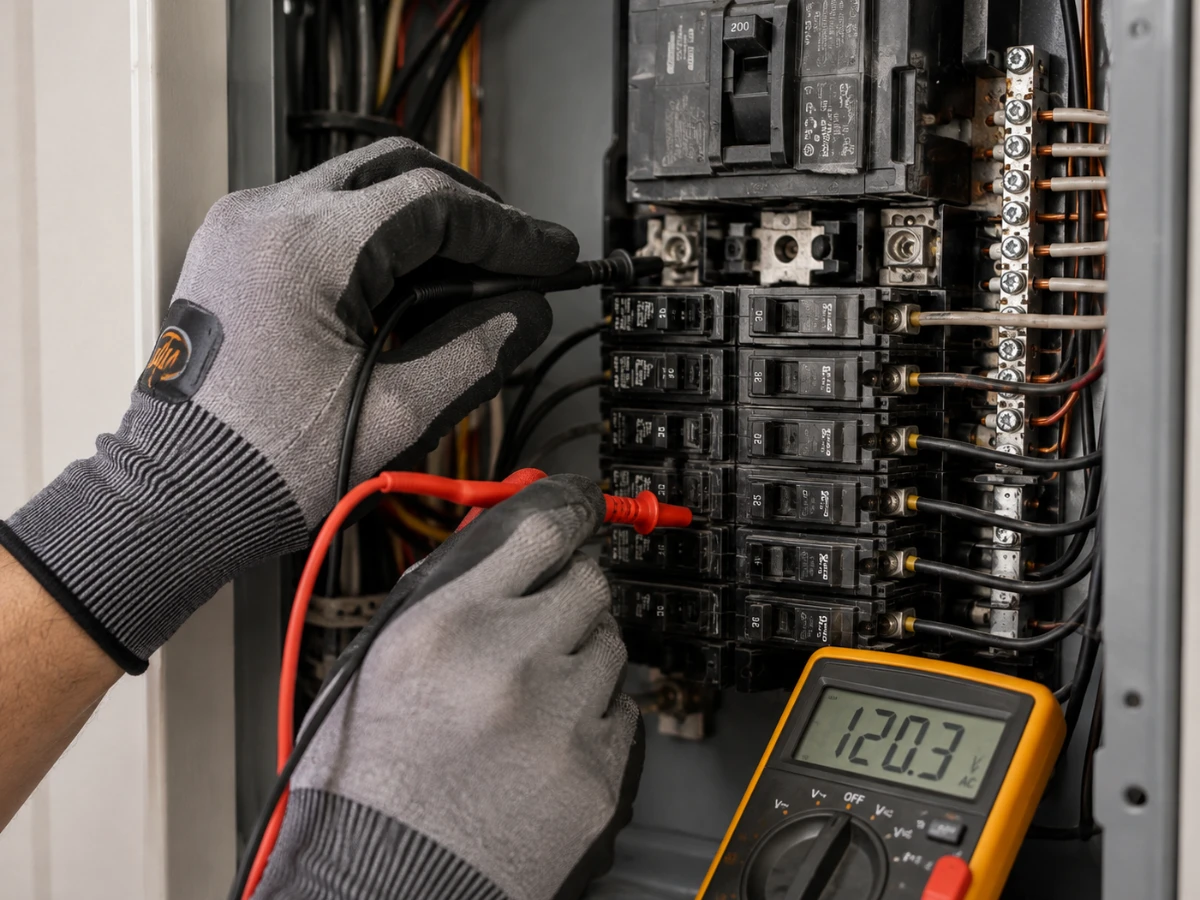 Electrician inspecting wiring inside an electrical box