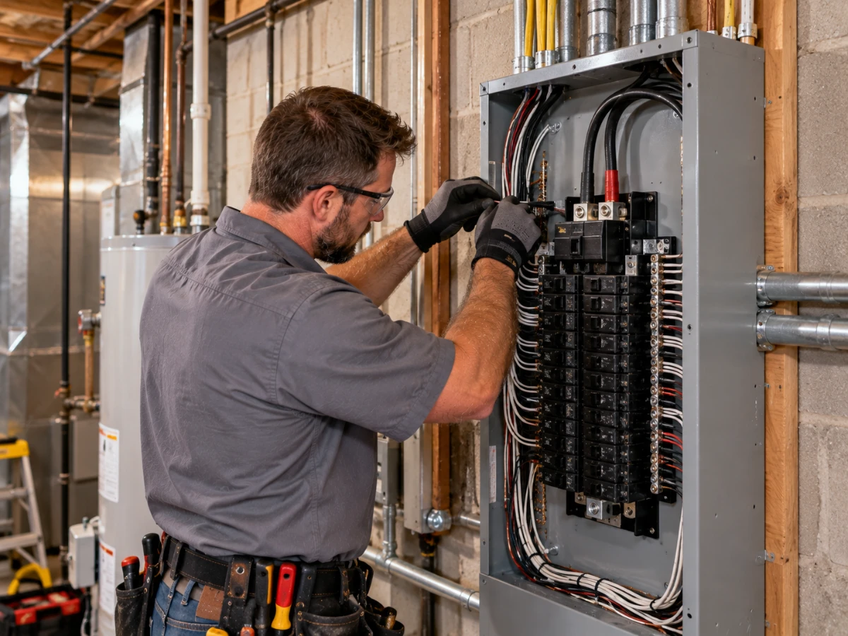 Image of licensed electrician installing a 200 amp electrical panel in the utility room