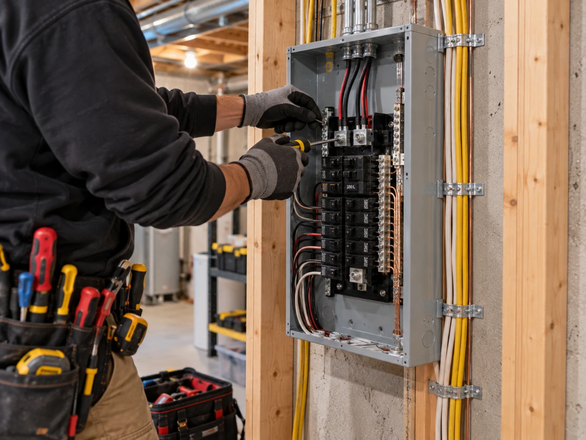 Image of a licensed electrician installing a new subpanel in a home basement