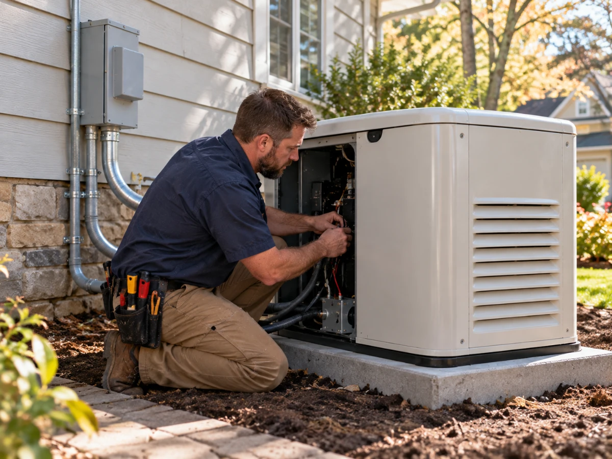 Image of electrician installing a standby generator outside the house