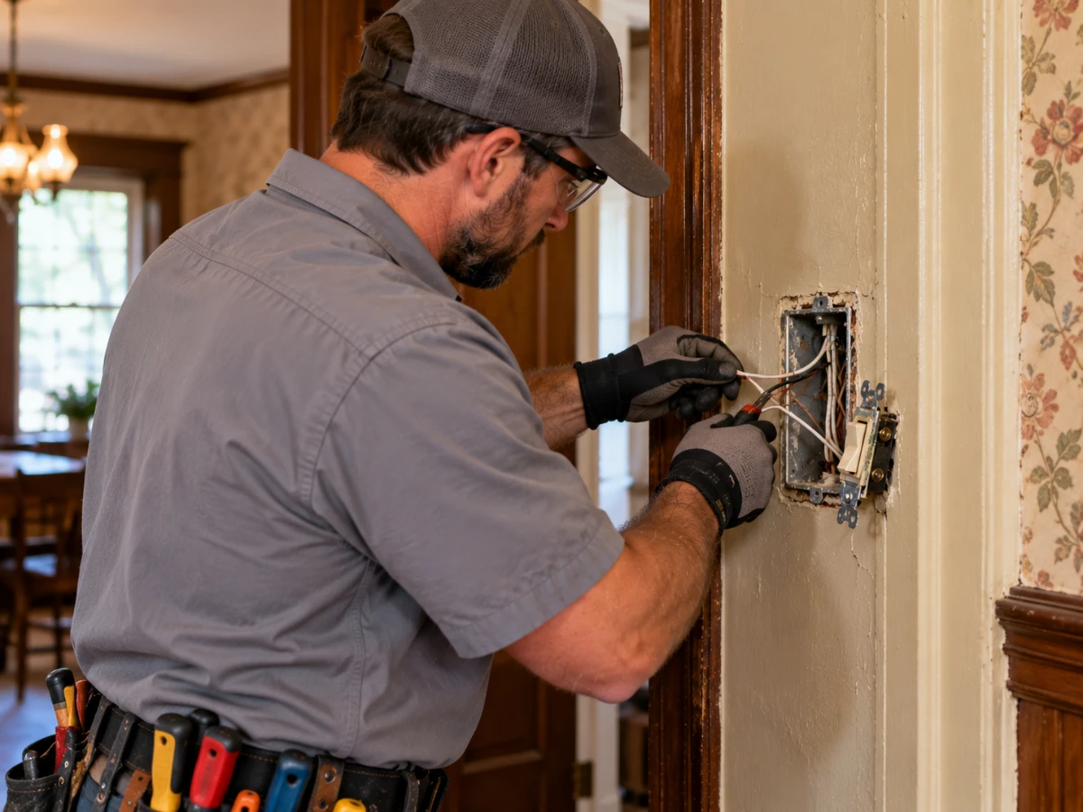 Image of professional electrician installing wiring in an old White Bear Lake MN home
