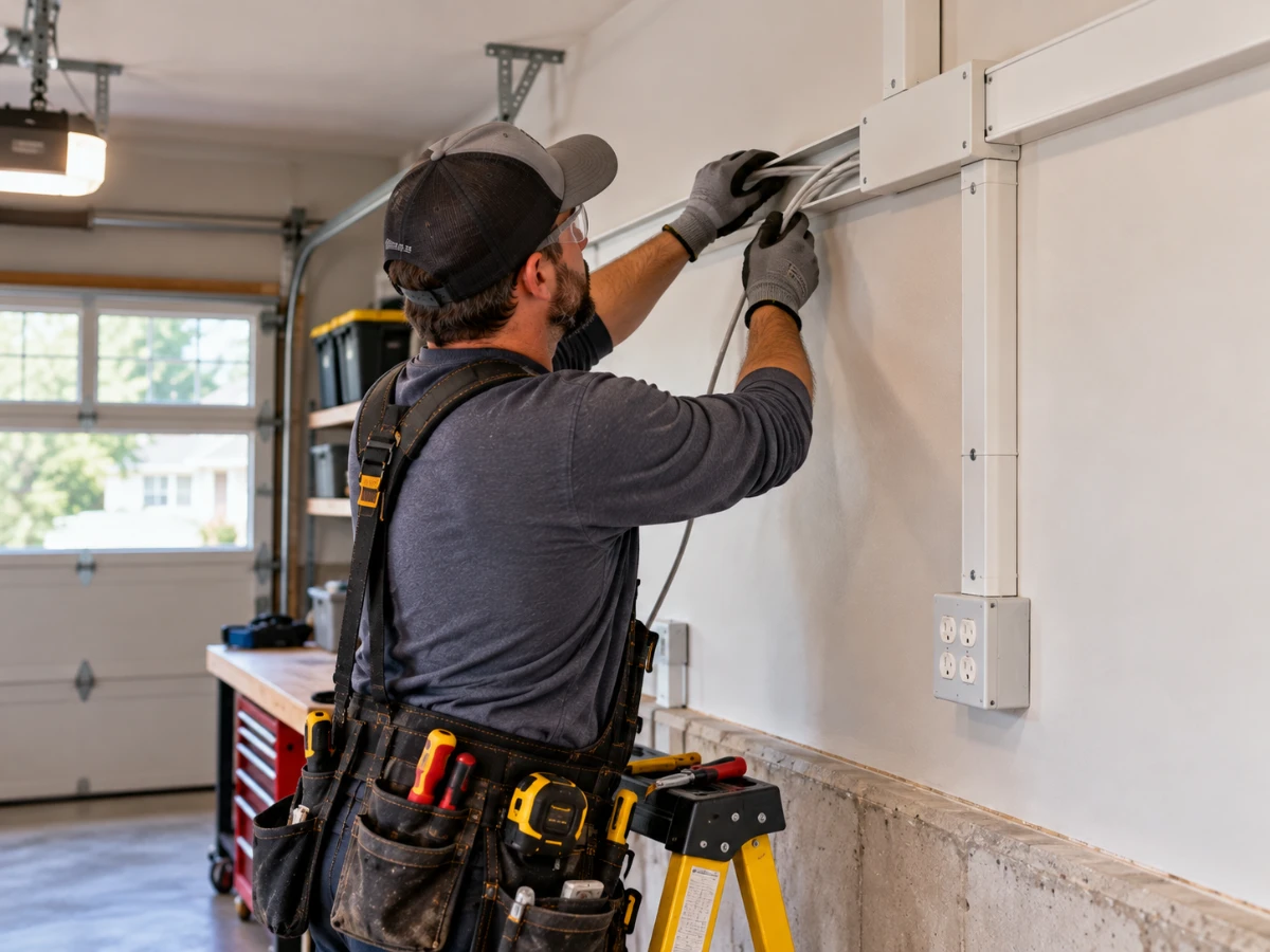 Image of electrician installing wiring through surface runway in home garage interior