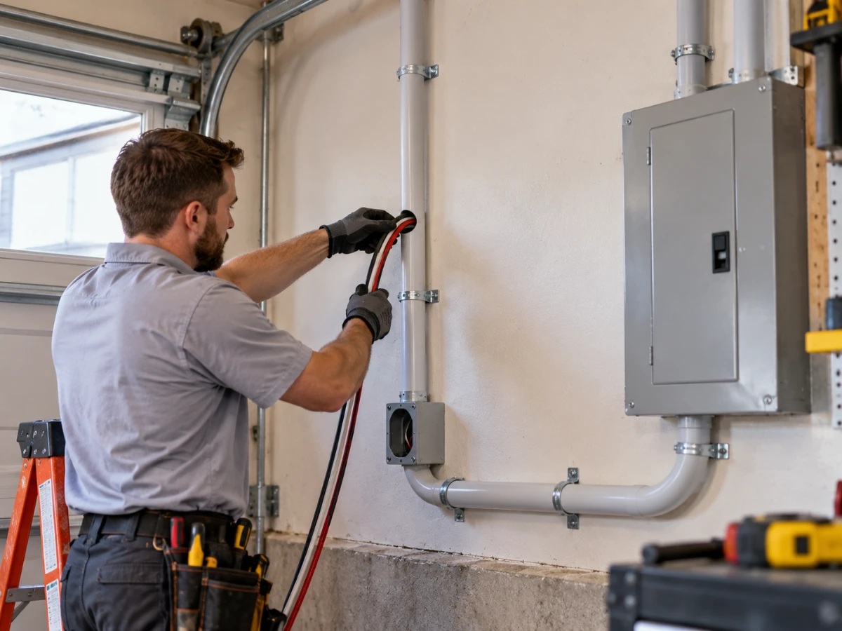Image of electrician laying cable inside PVC conduit on a garage wall for the 240V dedicated circuit