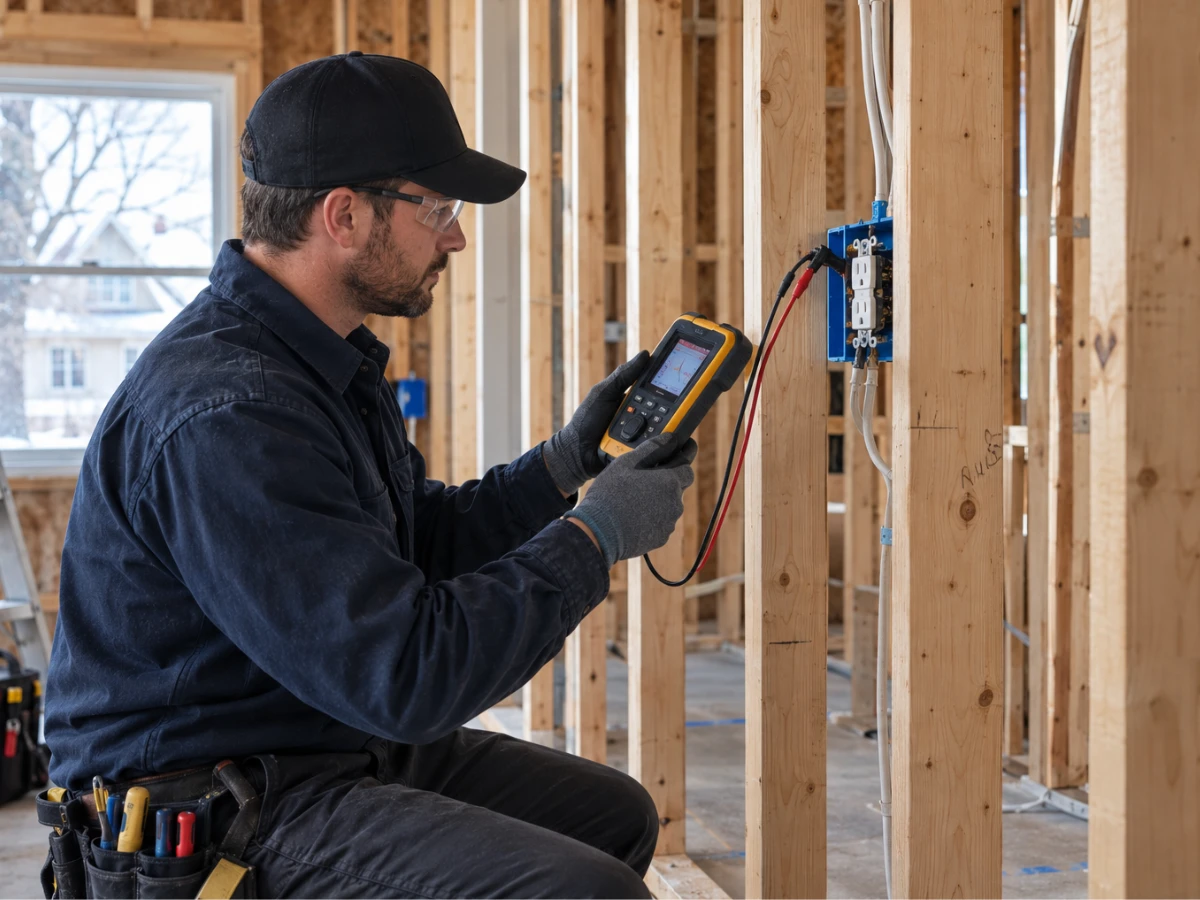 Image showing a licensed electrician performing a rough-in inspection using special diagnostic tools