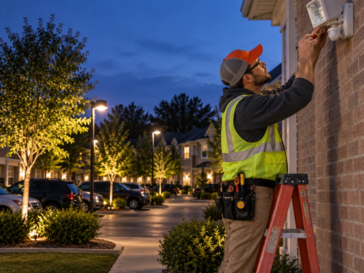 Electrician performing a scheduled inspection of outdoor lighting at an HOA property.