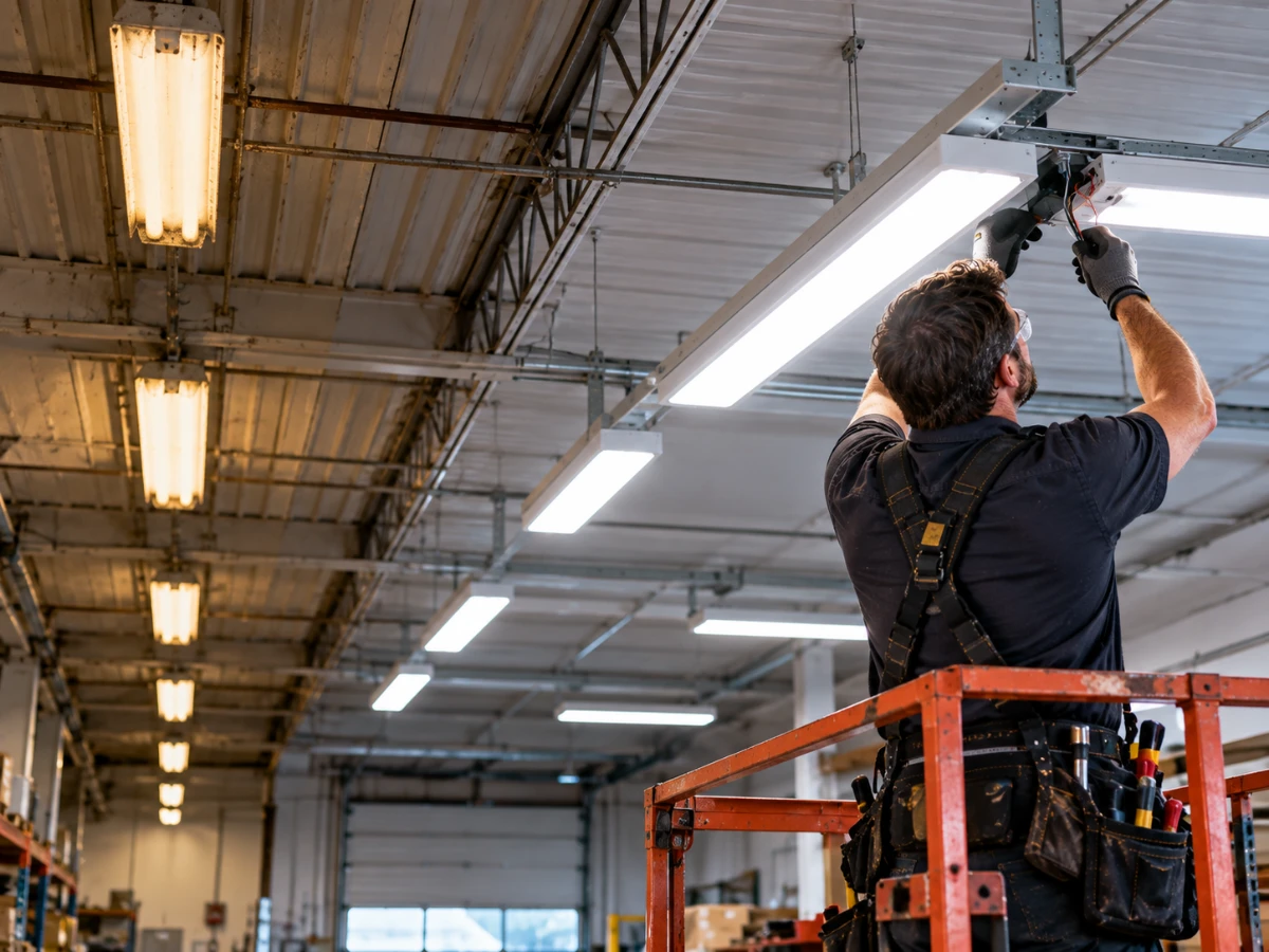 Image of professional electrician performing an LED lighting retrofit in a warehouse