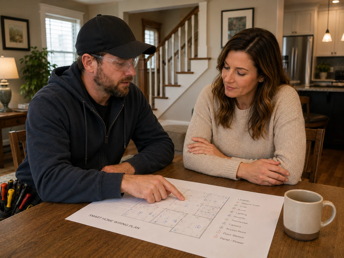 Twin Cities electrician planning smart home wiring installation with homeowner