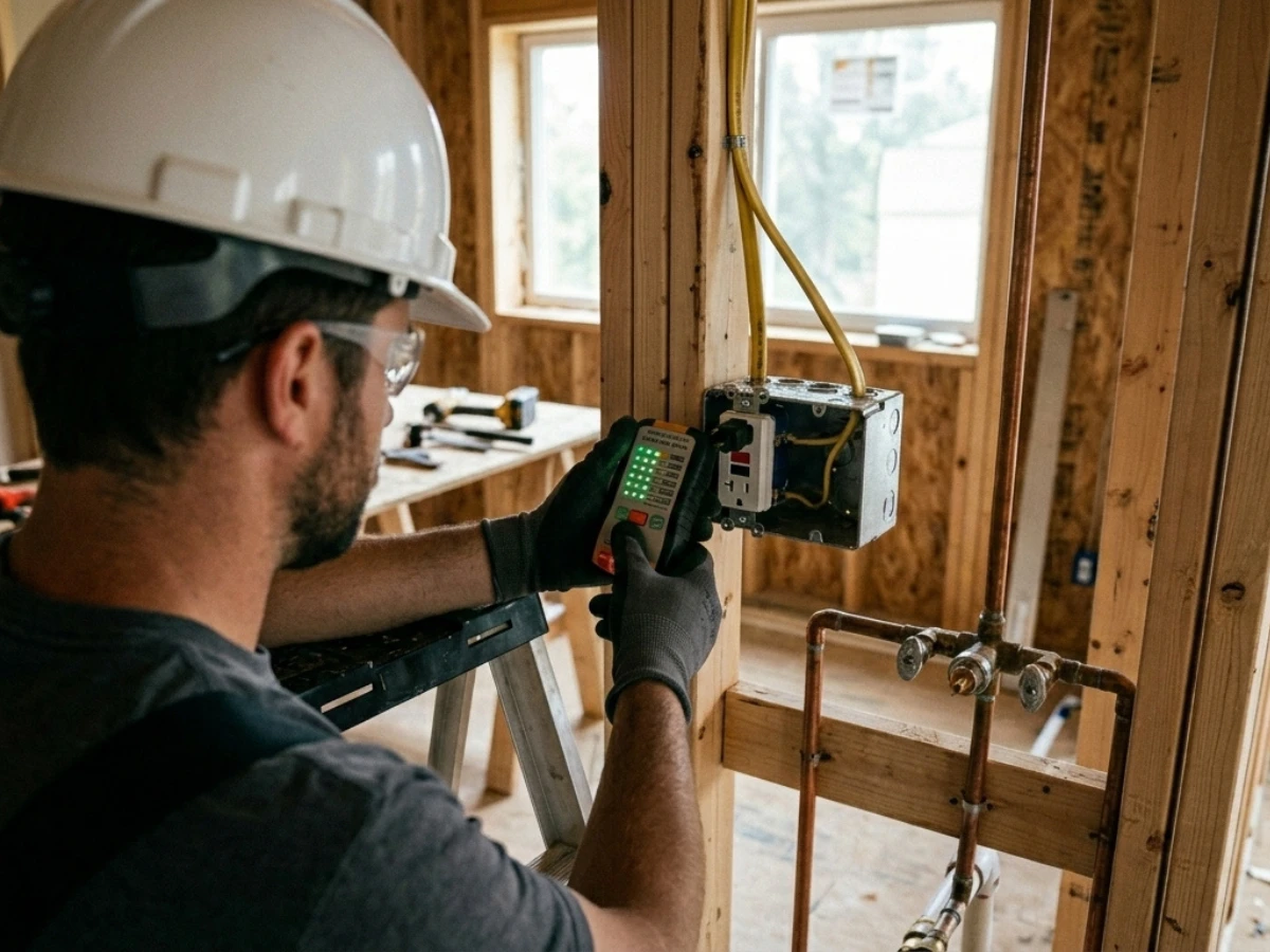 A local residential electrician using a plug-in circuit analyzer tool to verify line and load wire connections for strict GFCI code compliance on an open-concept kitchen countertop outlet.